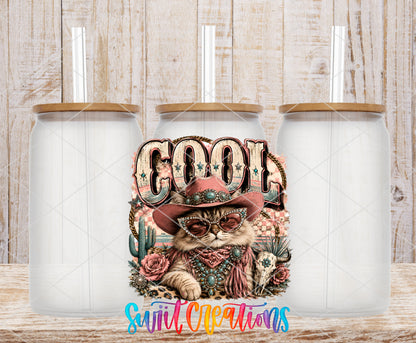 Western Glam Cool Cat frosted glass tumbler mockup with bamboo lids and straws