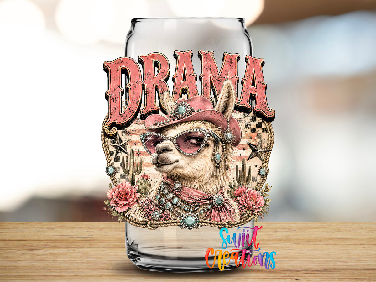 Western Glam Drama Llama design close-up on a clear glass can tumbler