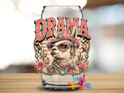 Western Glam Drama Llama design close-up on a clear glass can tumbler