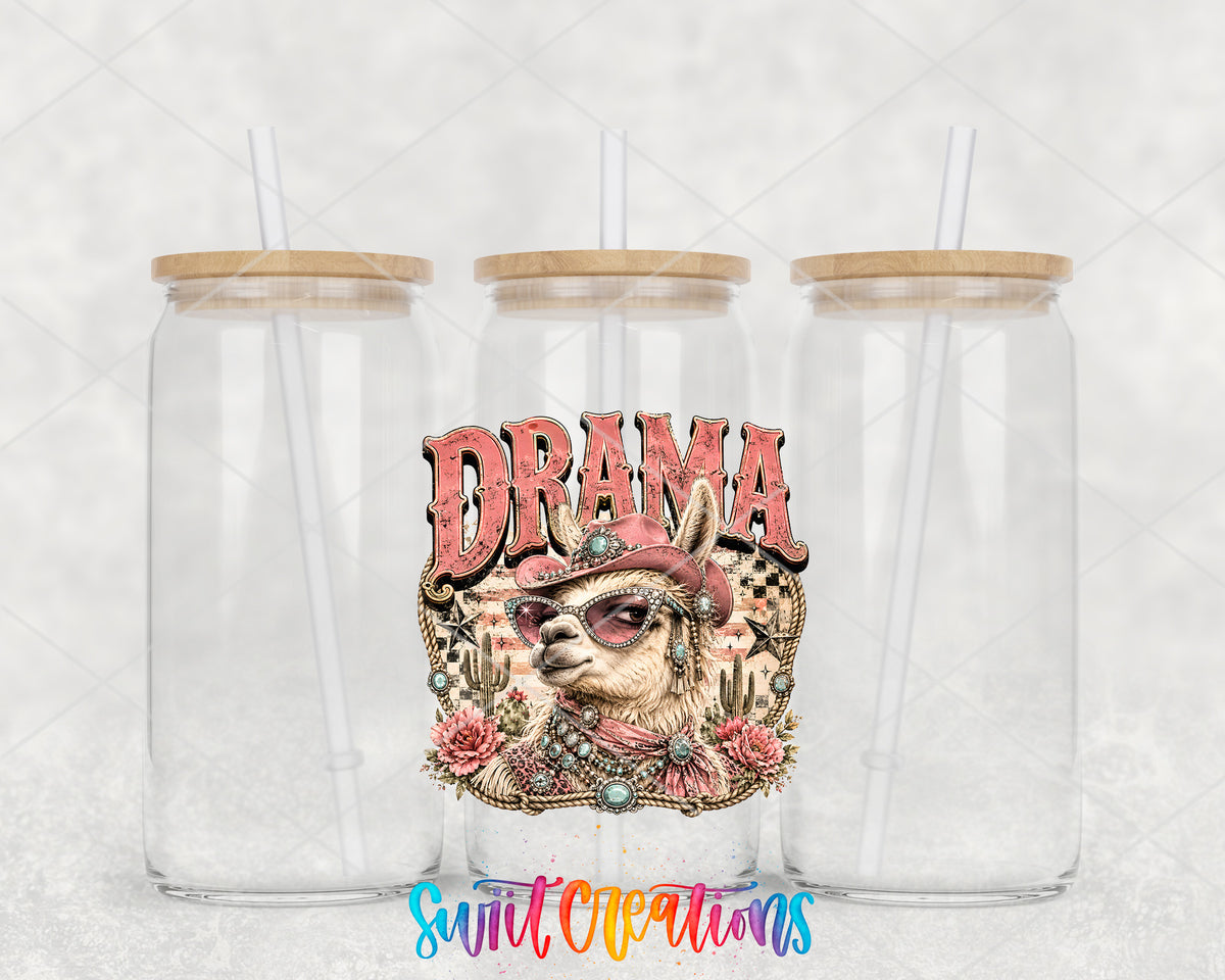 Western Glam Drama Llama clear glass tumbler group mockup with bamboo lids and straws