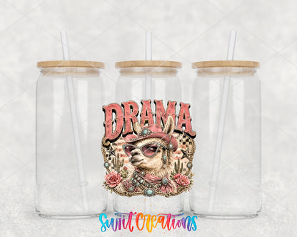 Western Glam Drama Llama clear glass tumbler group mockup with bamboo lids and straws