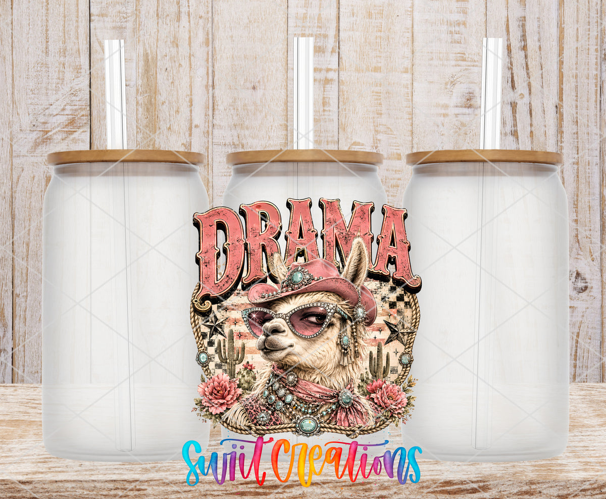 Western Glam Drama Llama frosted glass tumbler mockup with bamboo lids and straws