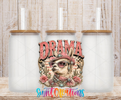 Western Glam Drama Llama frosted glass tumbler mockup with bamboo lids and straws