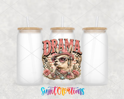 Western Glam Drama Llama frosted glass tumbler group view with lids and straws