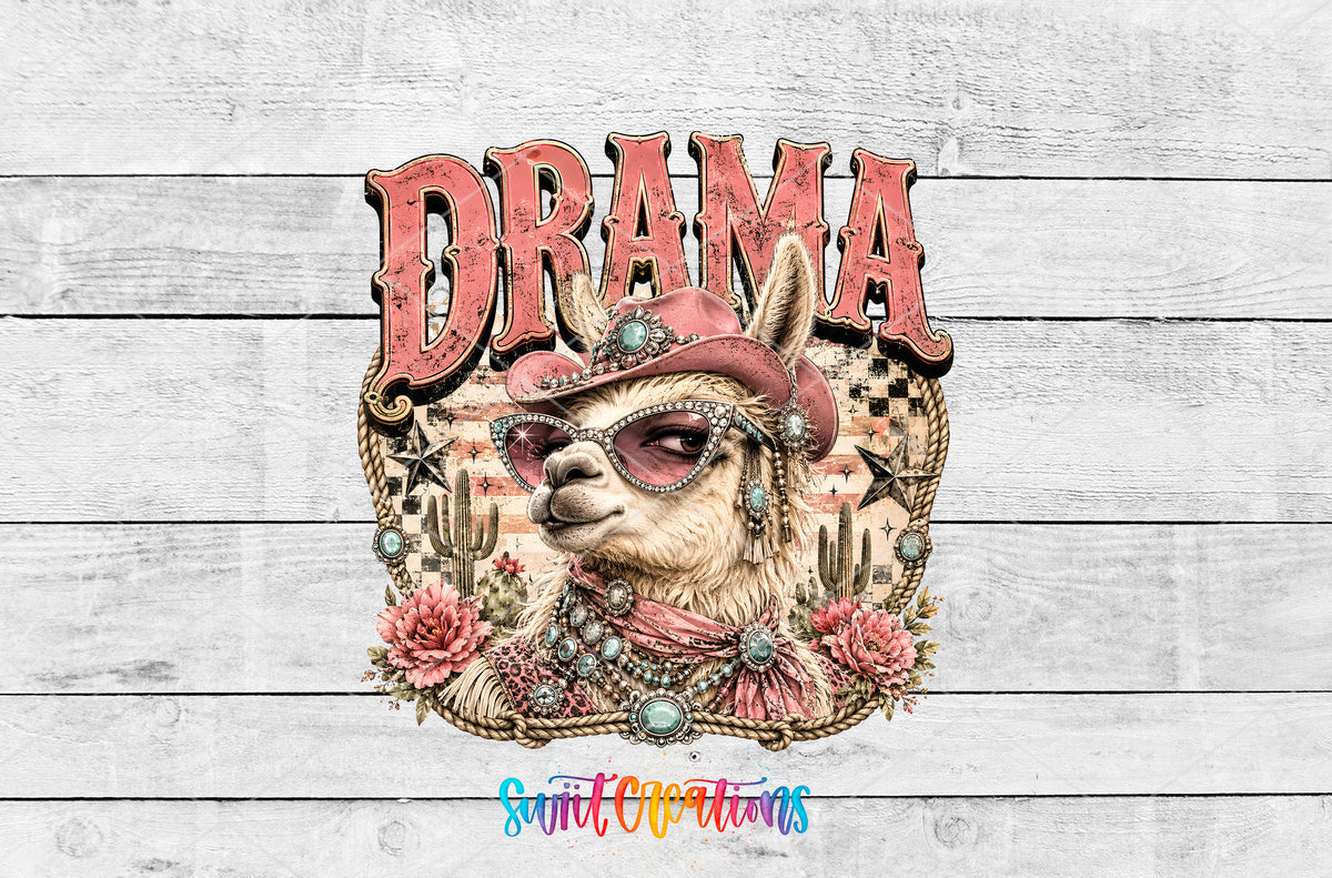 Western Glam Drama Llama artwork detail for the finished 16 oz tumbler