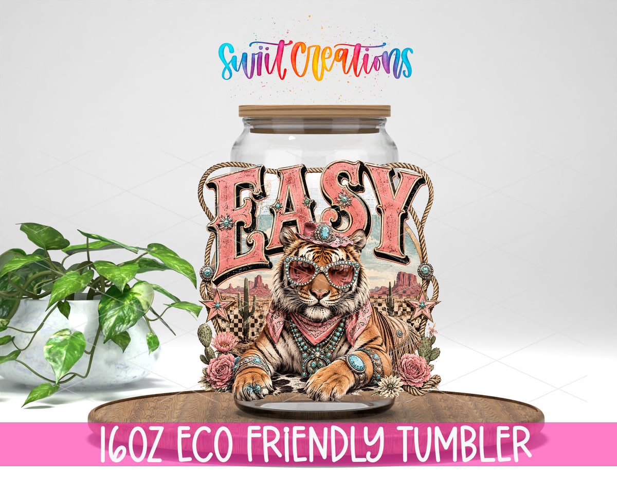 Western Glam Easy Tiger design on a 16 oz clear glass tumbler with bamboo lid