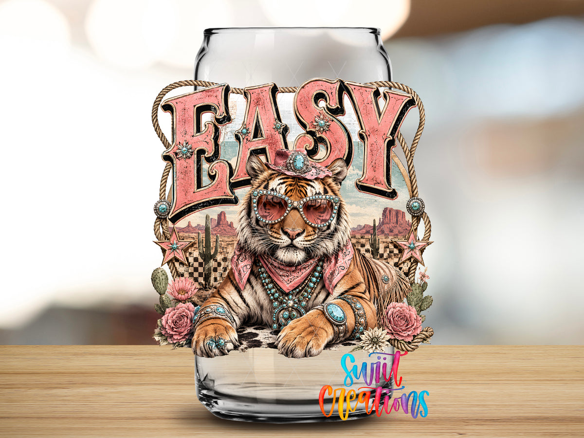 Western Glam Easy Tiger design close-up on a clear glass can tumbler