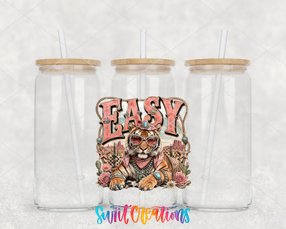 Western Glam Easy Tiger clear glass tumbler group mockup with bamboo lids and straws