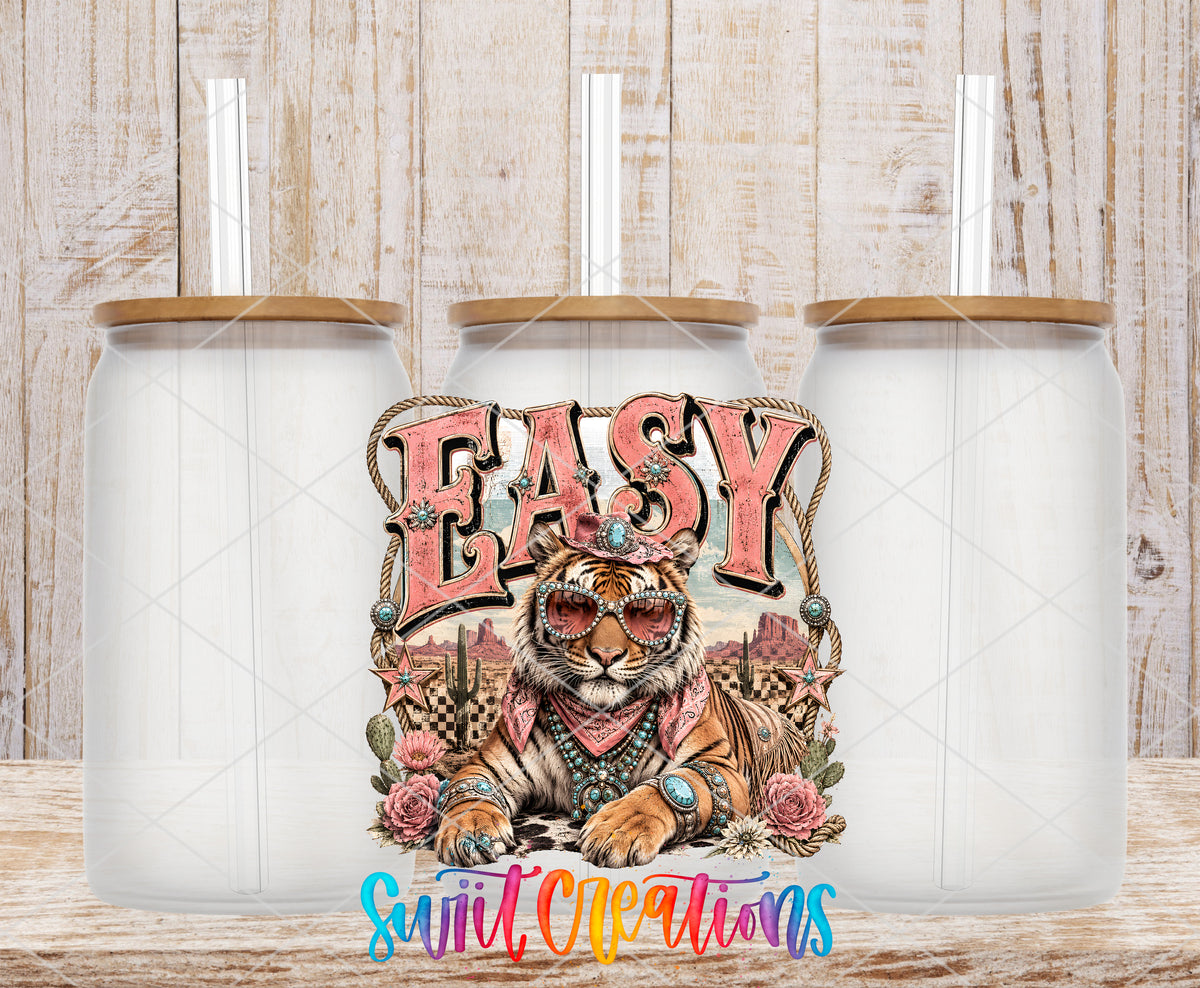 Western Glam Easy Tiger frosted glass tumbler mockup with bamboo lids and straws
