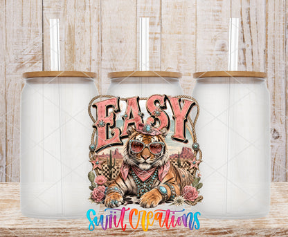 Western Glam Easy Tiger frosted glass tumbler mockup with bamboo lids and straws