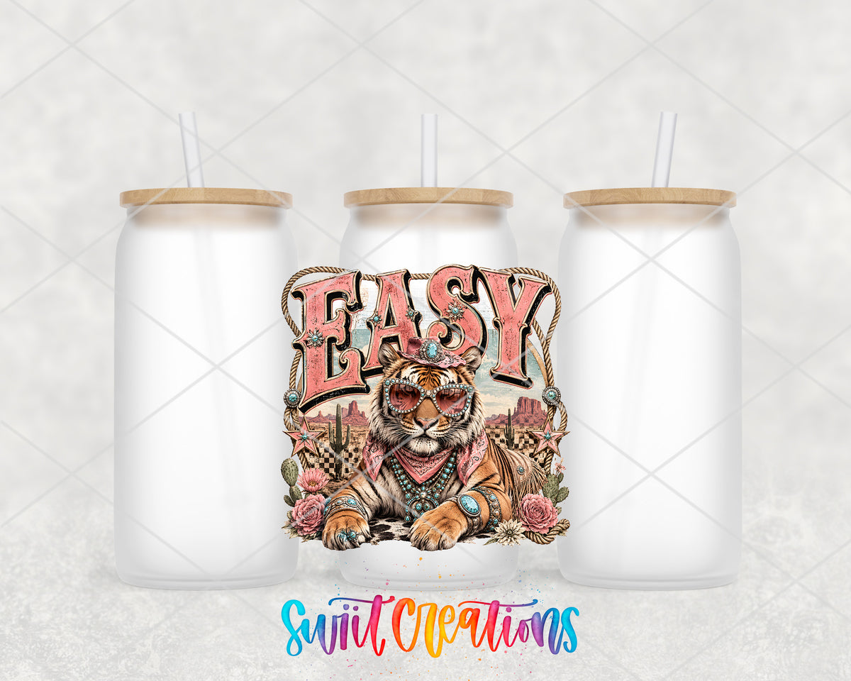 Western Glam Easy Tiger frosted glass tumbler group view with lids and straws