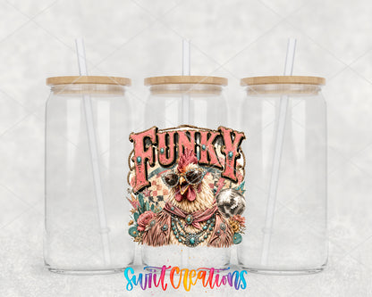 Western Glam Funky Chicken clear glass tumbler group mockup with bamboo lids and straws