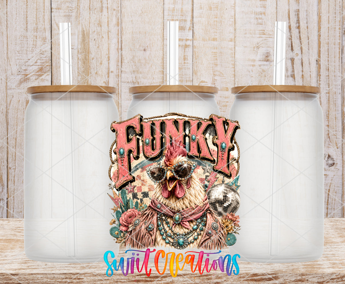 Western Glam Funky Chicken frosted glass tumbler mockup with bamboo lids and straws