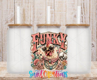 Western Glam Funky Chicken frosted glass tumbler mockup with bamboo lids and straws