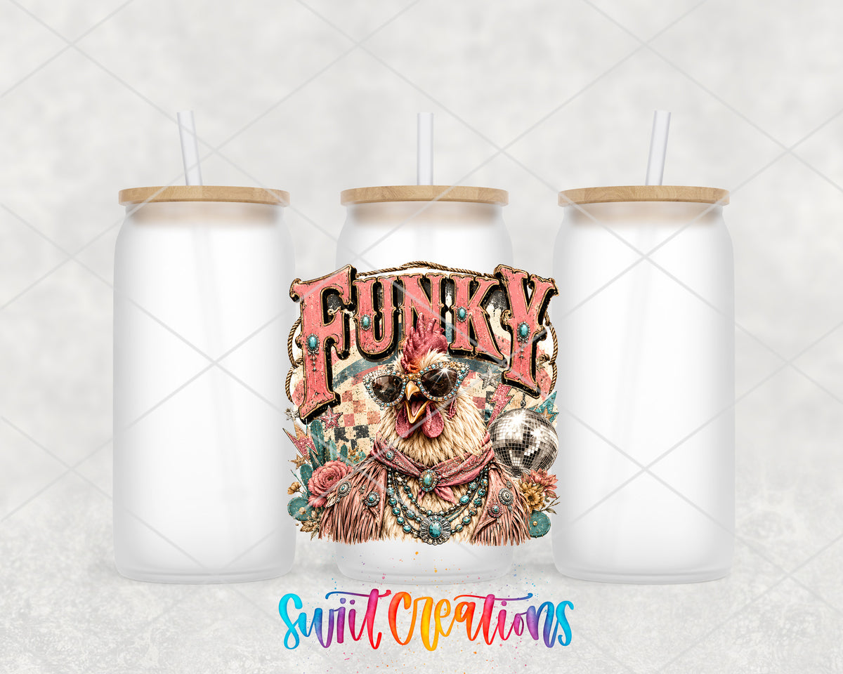 Western Glam Funky Chicken frosted glass tumbler group view with lids and straws