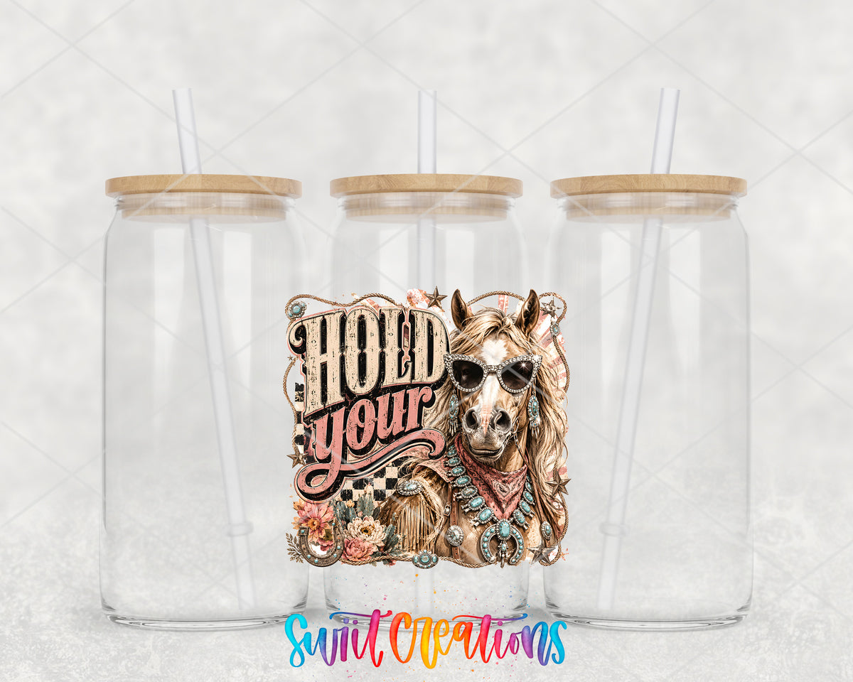 Western Glam Hold Your Horses clear glass tumbler group mockup with bamboo lids and straws