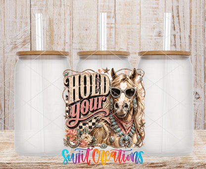 Western Glam Hold Your Horses frosted glass tumbler mockup with bamboo lids and straws