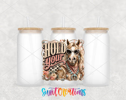 Western Glam Hold Your Horses frosted glass tumbler group view with lids and straws