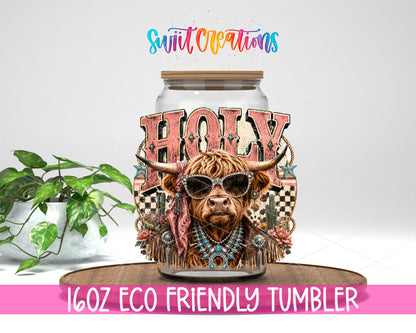 Western Glam Holy Cow design on a 16 oz clear glass tumbler with bamboo lid