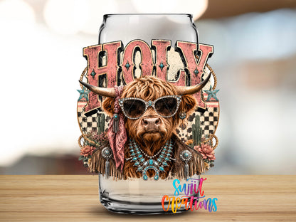 Western Glam Holy Cow design close-up on a clear glass can tumbler