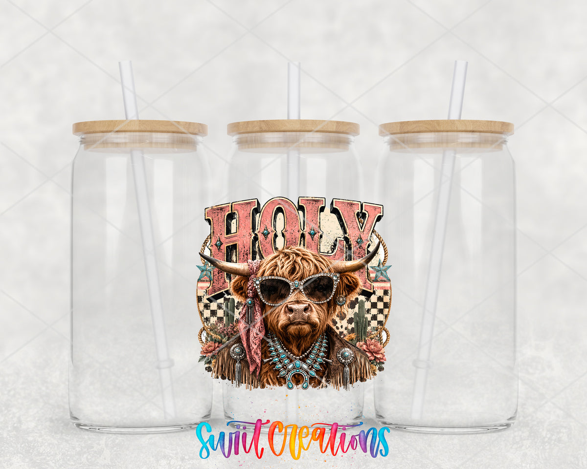 Western Glam Holy Cow clear glass tumbler group mockup with bamboo lids and straws