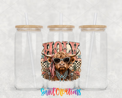 Western Glam Holy Cow clear glass tumbler group mockup with bamboo lids and straws