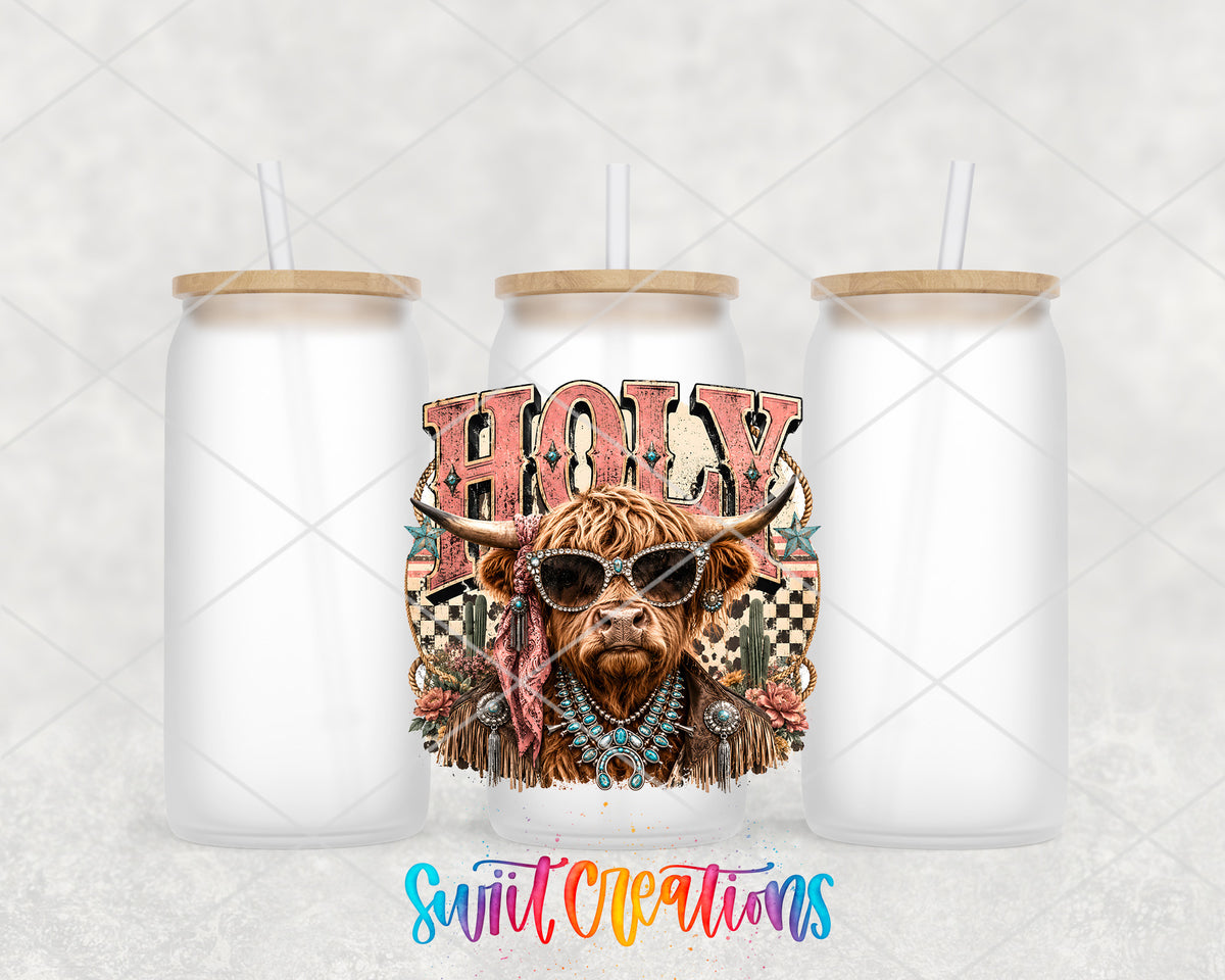 Western Glam Holy Cow frosted glass tumbler group view with lids and straws