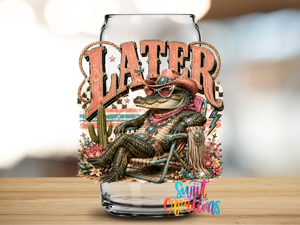 Western Glam Later Gator design close-up on a clear glass can tumbler
