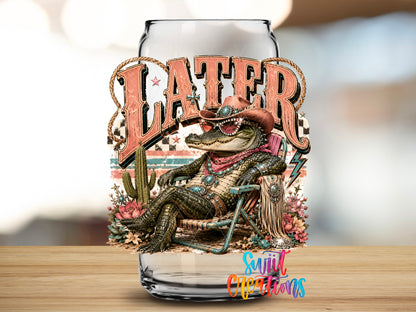 Western Glam Later Gator design close-up on a clear glass can tumbler