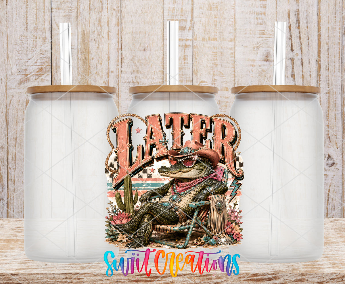 Western Glam Later Gator frosted glass tumbler mockup with bamboo lids and straws