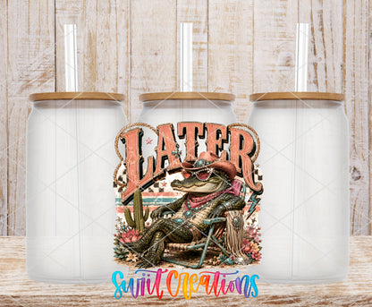 Western Glam Later Gator frosted glass tumbler mockup with bamboo lids and straws