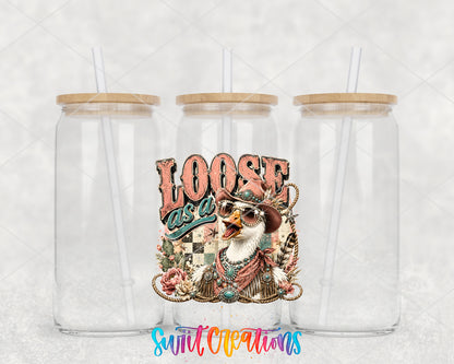 Western Glam Loose as a Goose clear glass tumbler group mockup with bamboo lids and straws