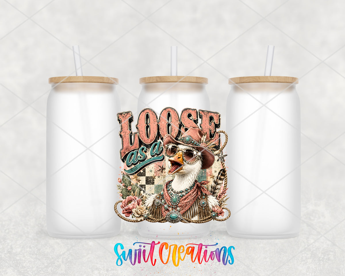 Western Glam Loose as a Goose frosted glass tumbler group view with lids and straws