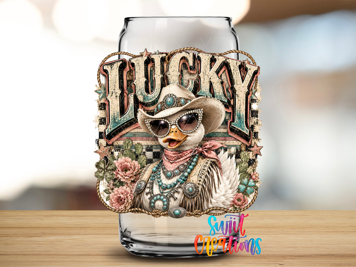 Western Glam Lucky Duck design close-up on a clear glass can tumbler