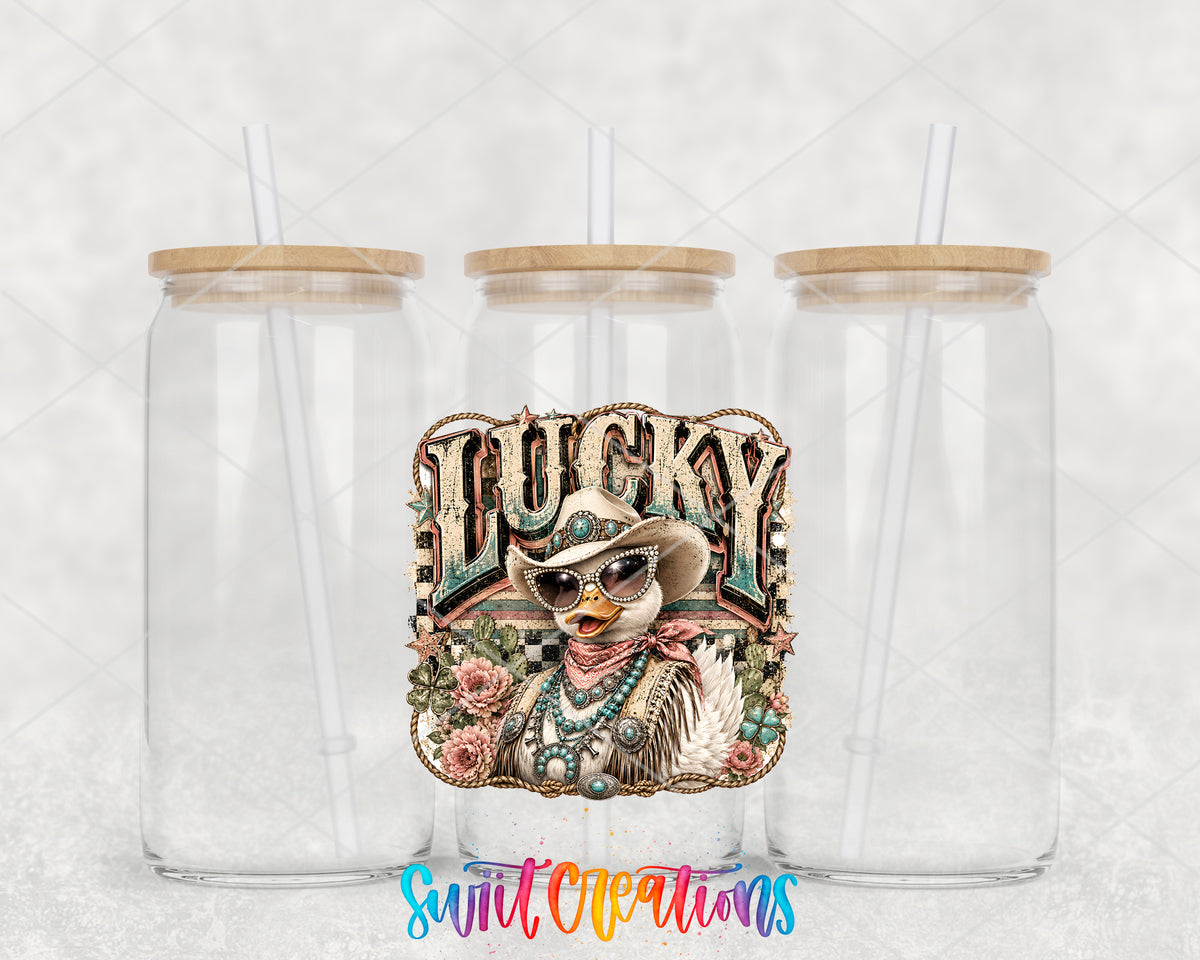 Western Glam Lucky Duck clear glass tumbler group mockup with bamboo lids and straws