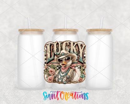 Western Glam Lucky Duck frosted glass tumbler group view with lids and straws