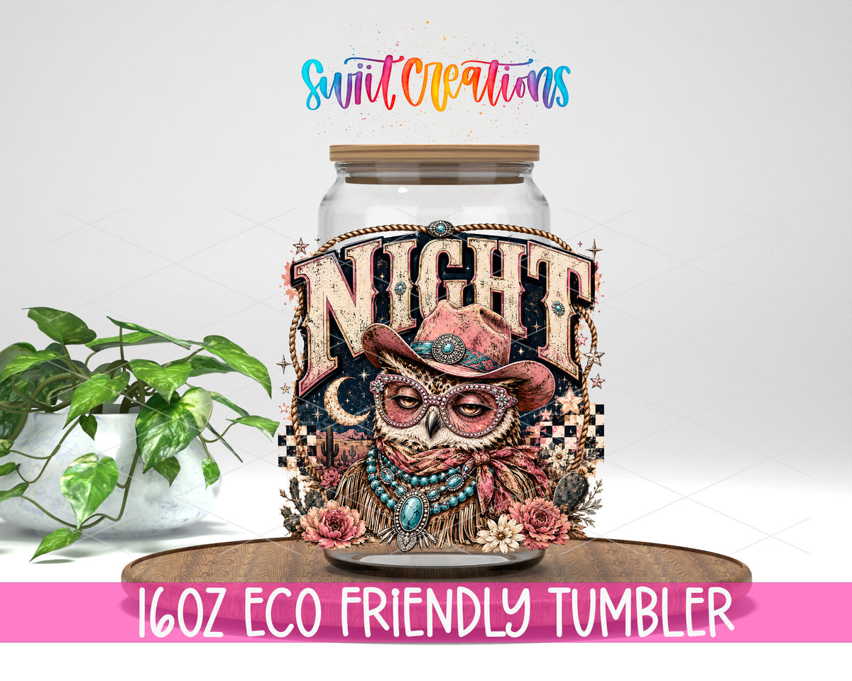 Western Glam Night Owl design on a 16 oz clear glass tumbler with bamboo lid