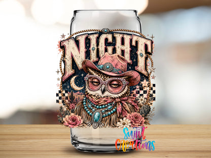 Western Glam Night Owl design close-up on a clear glass can tumbler