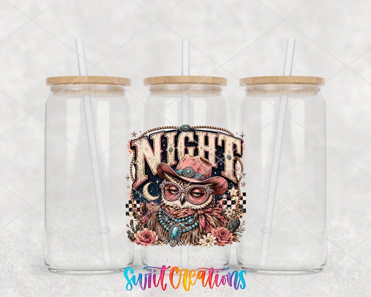 Western Glam Night Owl clear glass tumbler group mockup with bamboo lids and straws