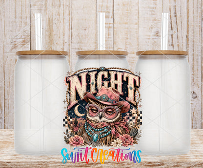 Western Glam Night Owl frosted glass tumbler mockup with bamboo lids and straws