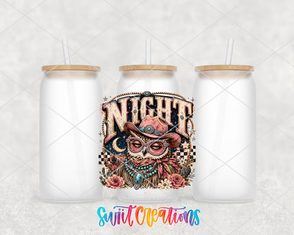 Western Glam Night Owl frosted glass tumbler group view with lids and straws