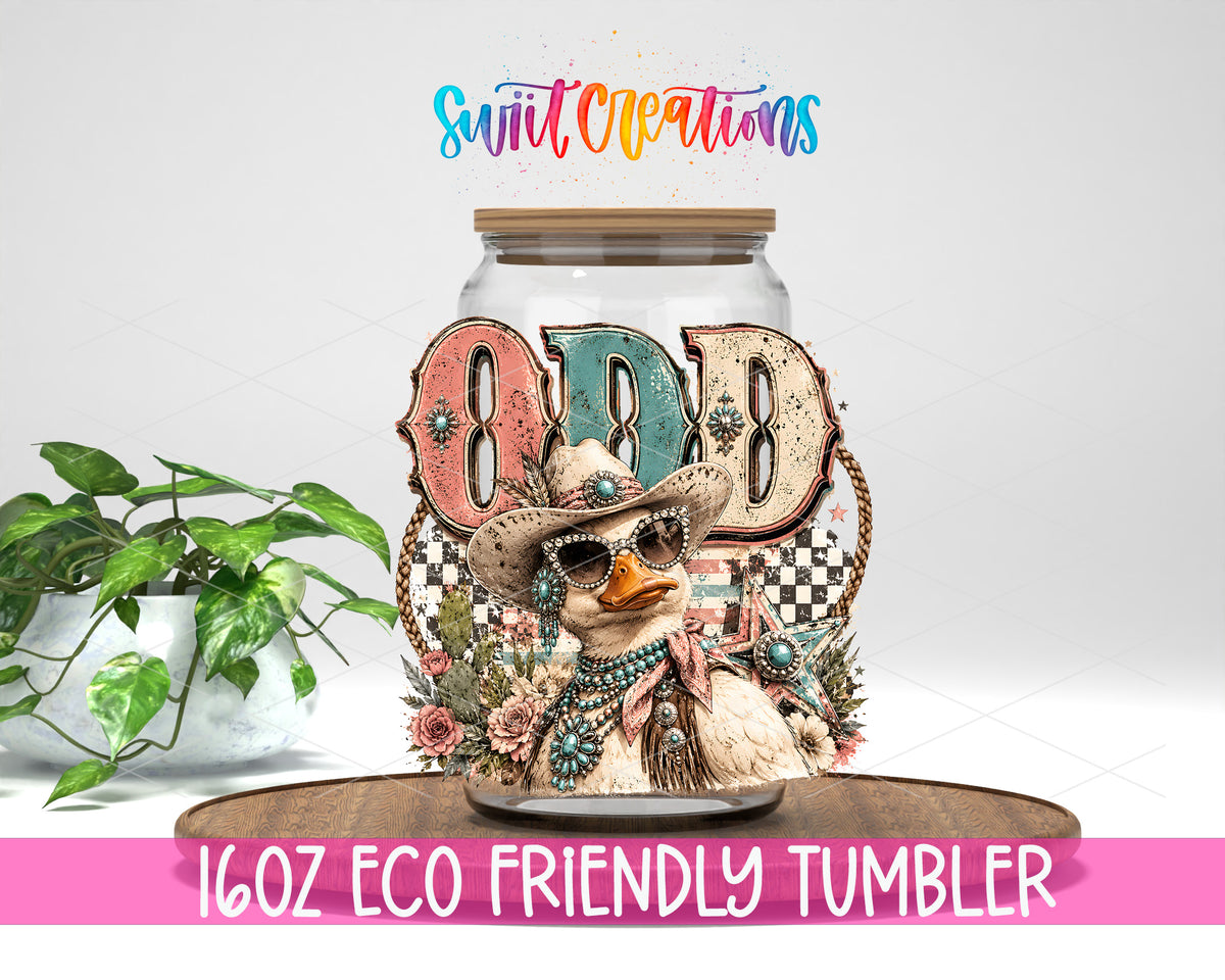 Western Glam Odd Duck design on a 16 oz clear glass tumbler with bamboo lid