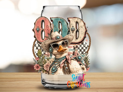 Western Glam Odd Duck design close-up on a clear glass can tumbler