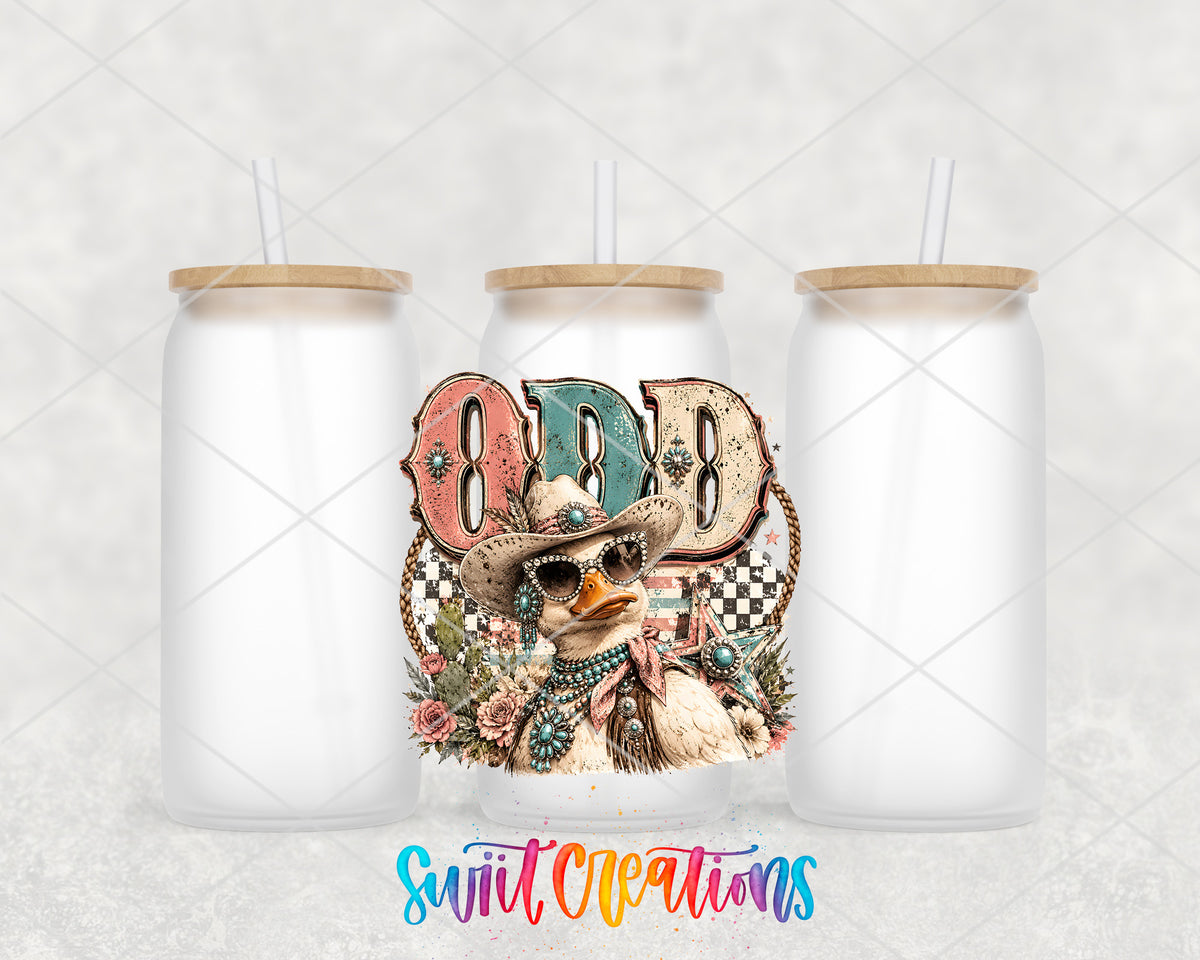Western Glam Odd Duck frosted glass tumbler group view with lids and straws