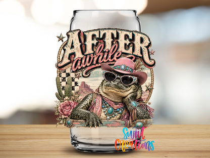 Western Glam After a While Crocodile design close-up on a clear glass can tumbler