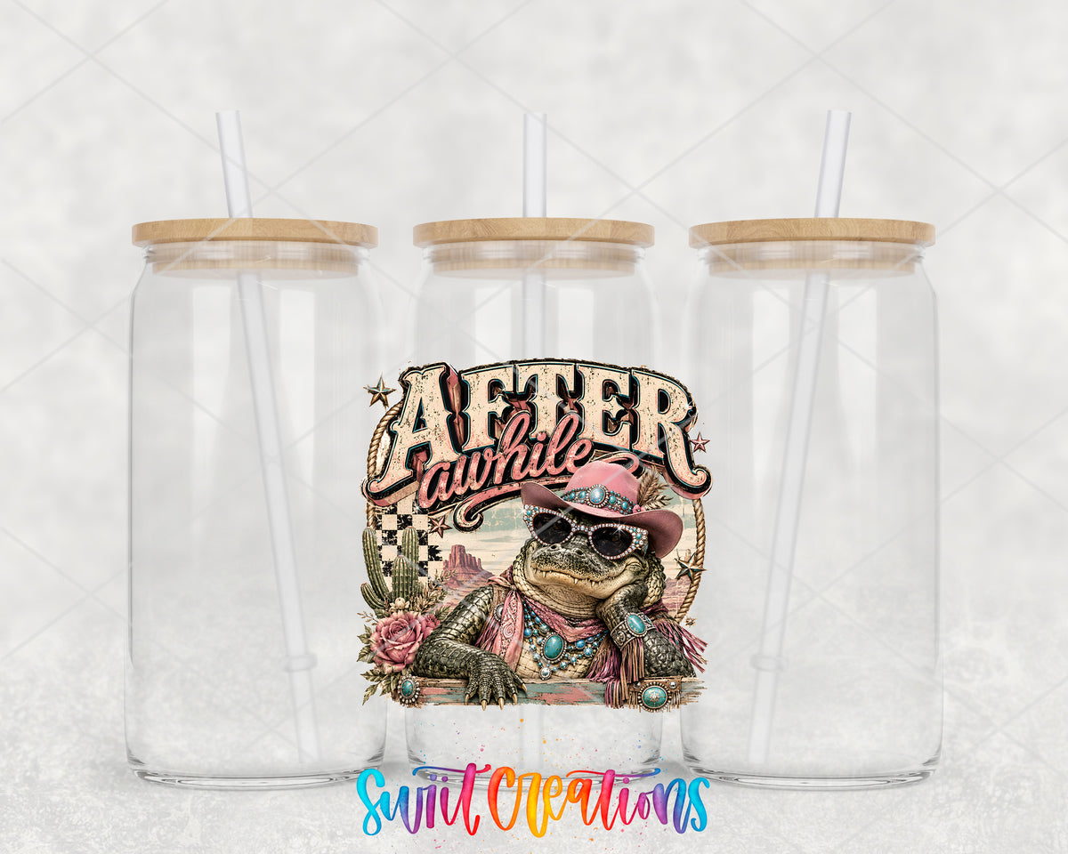 Western Glam After a While Crocodile clear glass tumbler group mockup with bamboo lids and straws