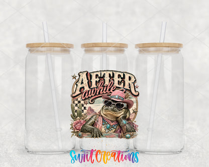 Western Glam After a While Crocodile clear glass tumbler group mockup with bamboo lids and straws
