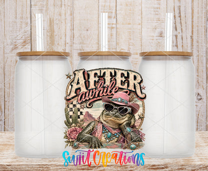 Western Glam After a While Crocodile frosted glass tumbler mockup with bamboo lids and straws