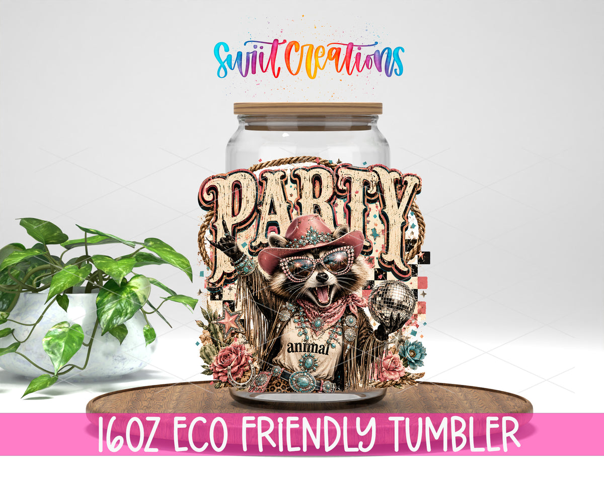 Western Glam Party Animal design on a 16 oz clear glass tumbler with bamboo lid