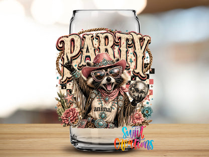 Western Glam Party Animal design close-up on a clear glass can tumbler